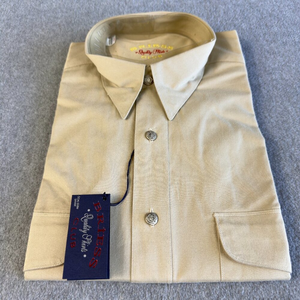 Briess Club Men's Button-Up Shirt L 41/42 – Khaki Beige 100% Cotton, Crest Metal
